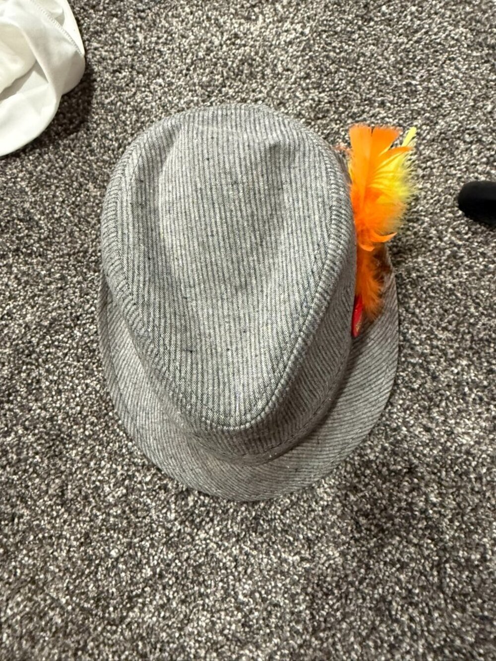 Vintage Stone - Gray Pinstripe Fedora with Orange Feather Accent & Wisconsin pin